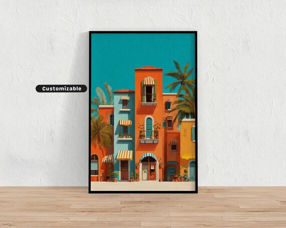 Whimsical Town Square With Orange Buildings And Striped Awnings Mediterranean Colorful Wall Art Tropical Illustration Print Modern Boh