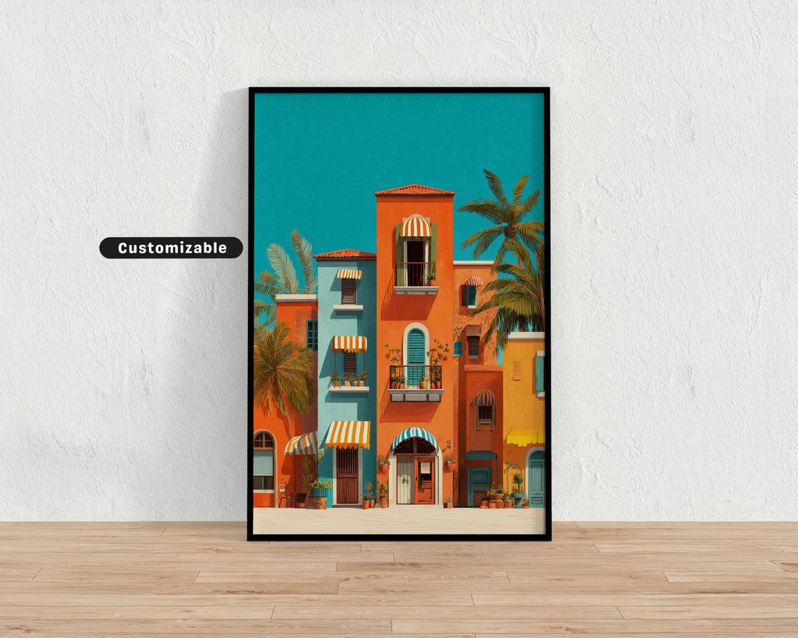 Whimsical Orange Town Square Striped Awnings Mediterranean Poster