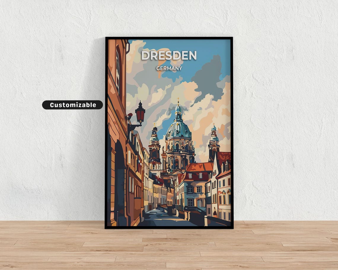 Dresden Germany Baroque Street Church Dome Historic Travel Poster