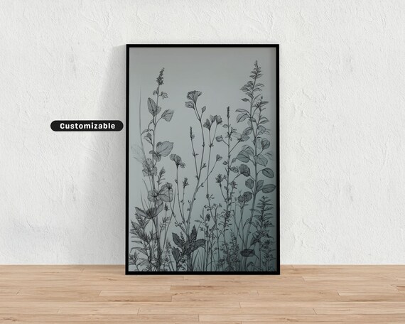 Line Drawing Of Herbs And Plants With A Natural Tone Wash Neutral Wall Art Print Minimalist Modern Decor