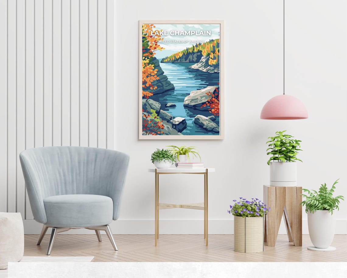 Lake Champlain Autumn Cliffs Golden Fall White Title Travel Poster - Image 2