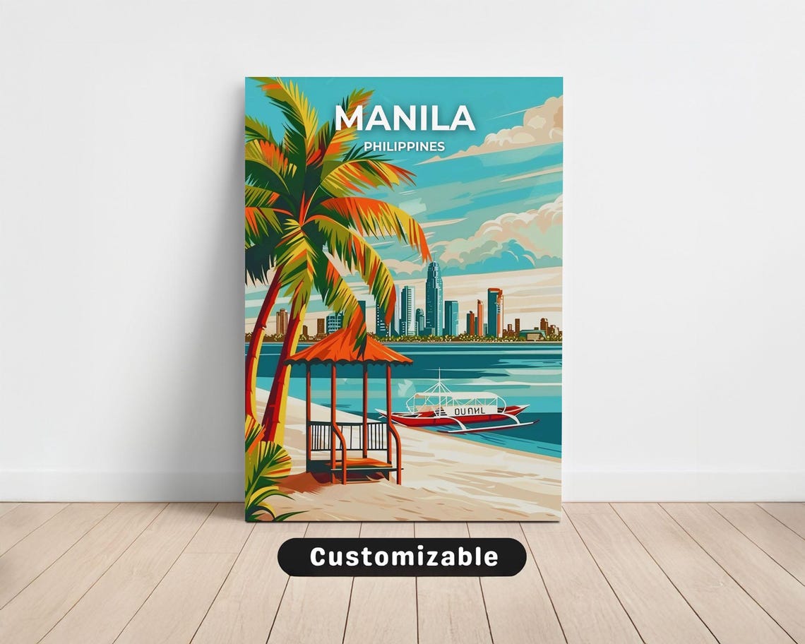 Manila Philippines Tropical Beach Palms Hut Boat Skyline Travel Poster