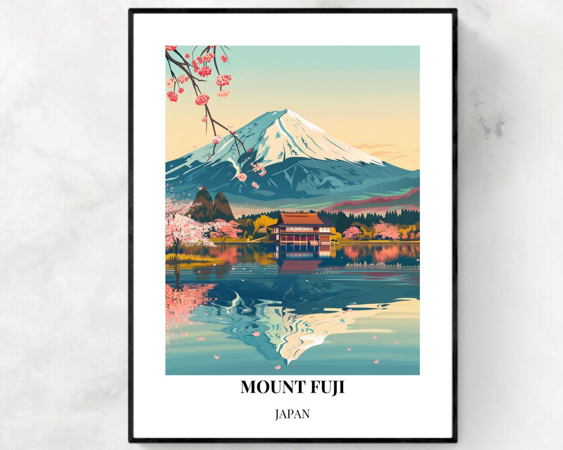 Mount Fuji Japan Lake Reflection Blossom Temple Serene Travel Poster