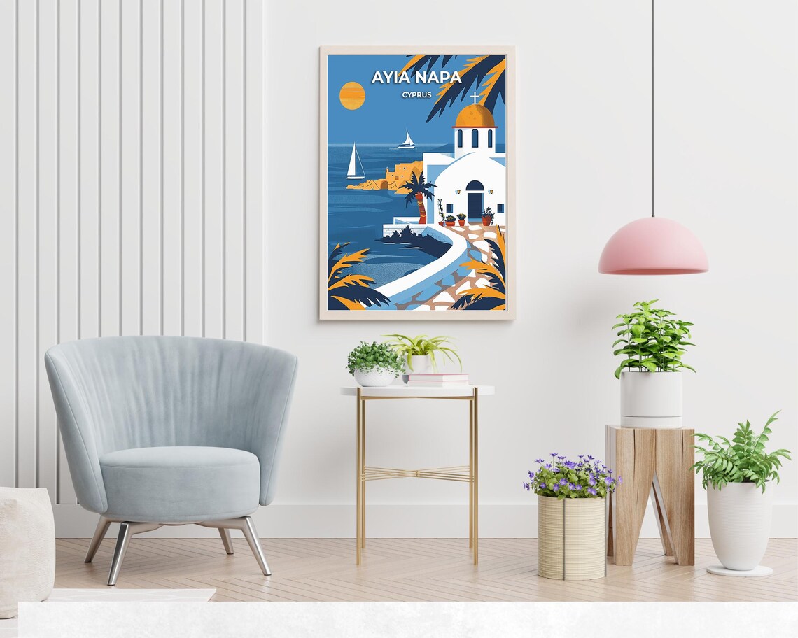 Ayia Napa Cyprus White Chapel Sailboats Sunset Travel Poster - Image 2