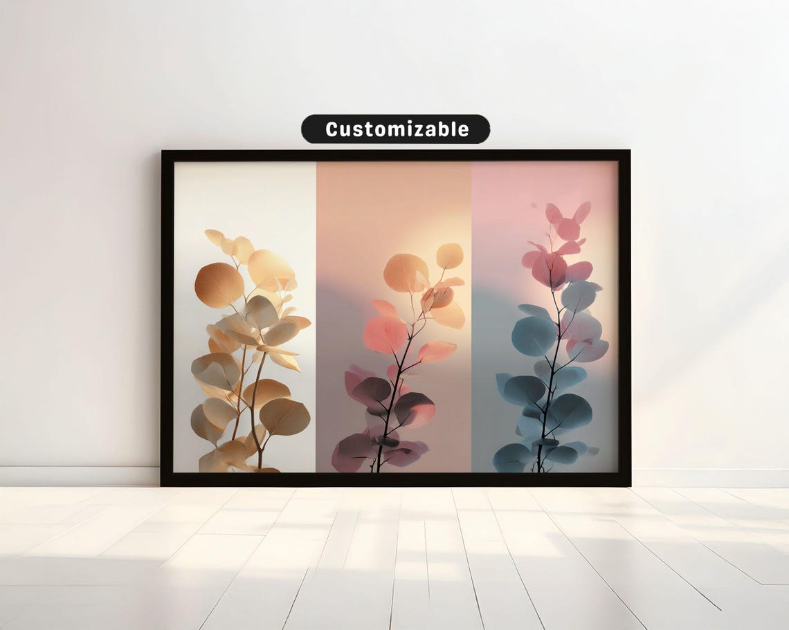 Muted Eucalyptus Trio Botanical Wall Art Gradient Pastel Leaves Decor