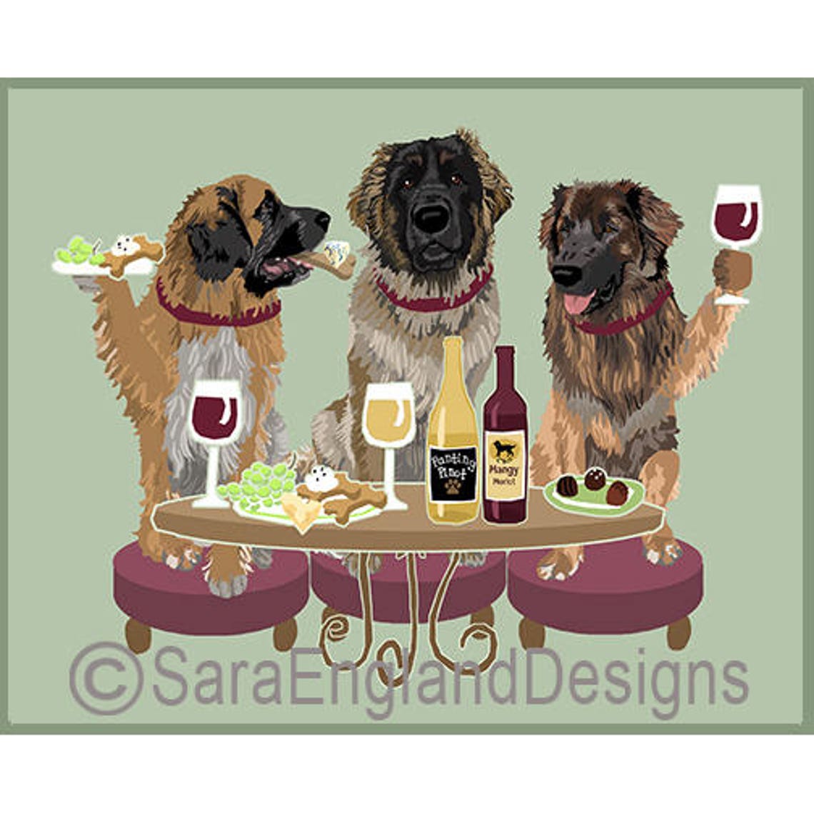 Leonberger Dogs, Wineing Art Print