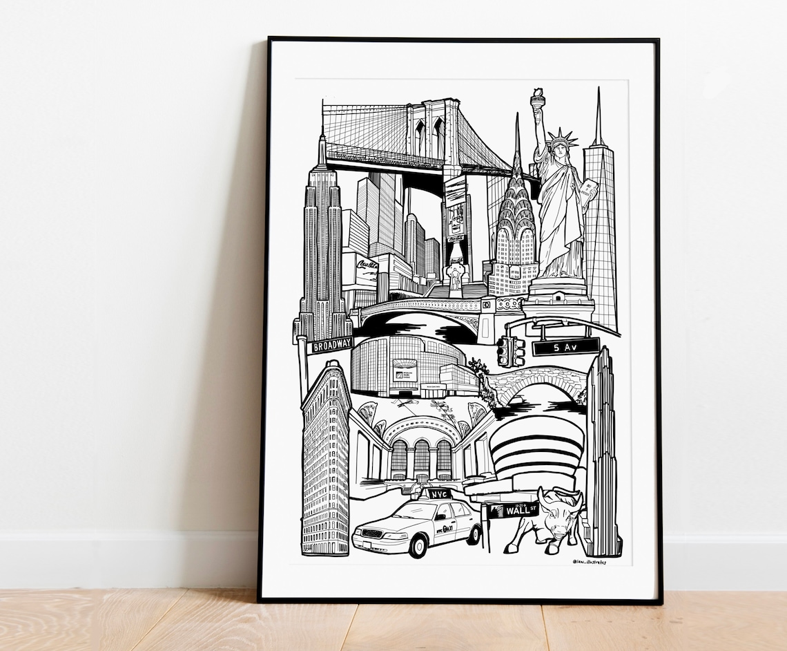 New York City Skyline Black and White Line Art Landmarks Print