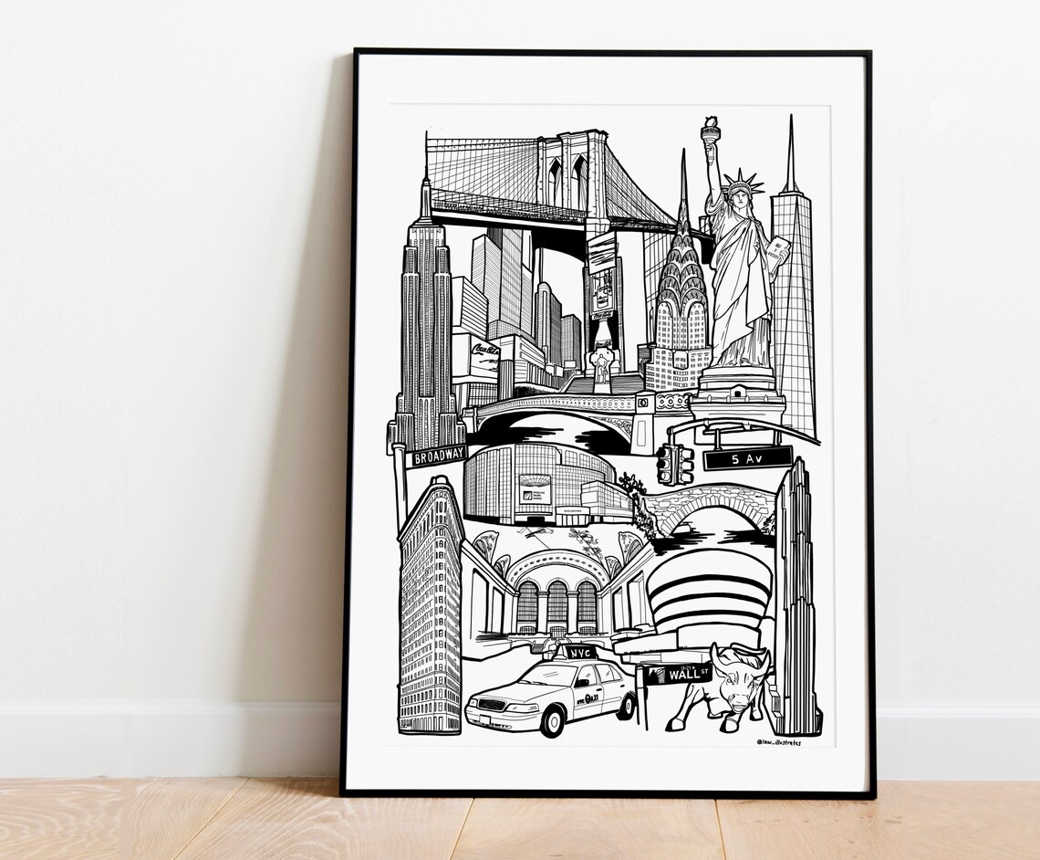 New York City Skyline Print Black And White Illustration