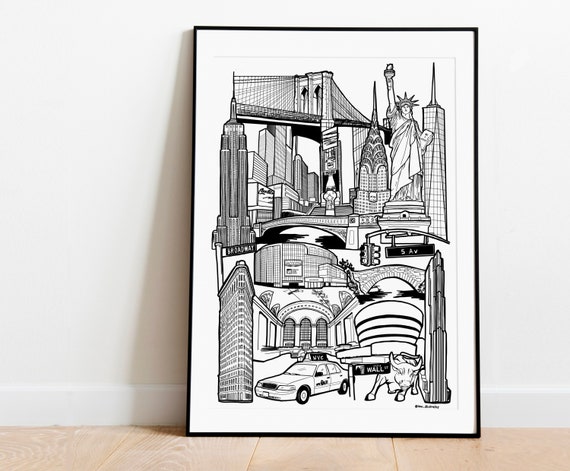New York City Skyline Print Black And White Illustration