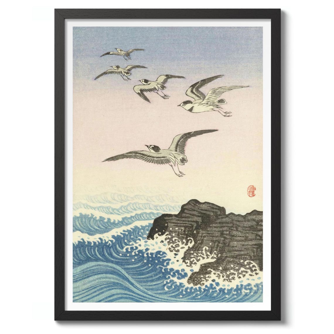 Five Seagulls Over Rocky Sea Ohara Koson Woodblock Art Poster
