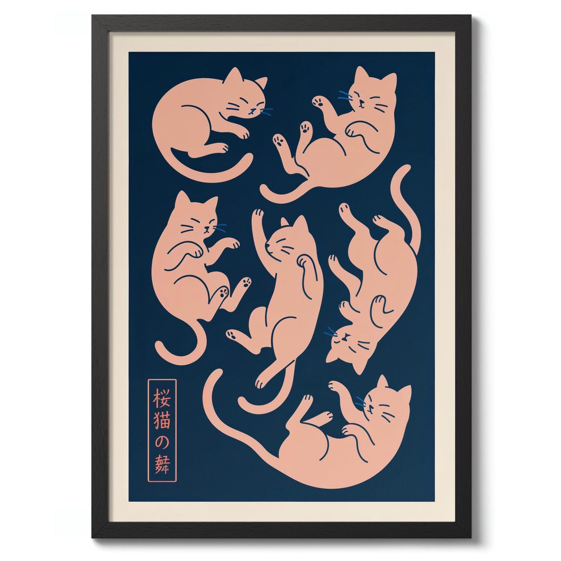 Japanese Sleeping Cats Cherry Blossom Dance Navy Graphic Art Poster