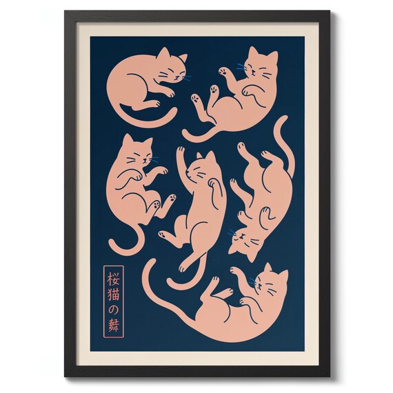 Japanese Sleeping Cats Cherry Blossom Dance Navy Graphic Art Poster