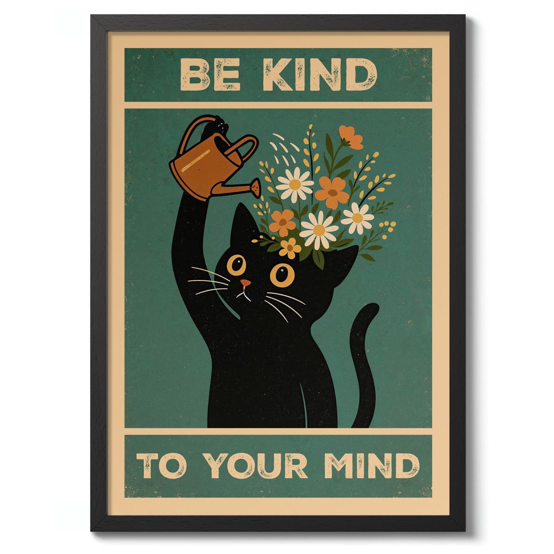 Be Kind To Your Mind Black Cat With Flowers Vintage Funny Poster