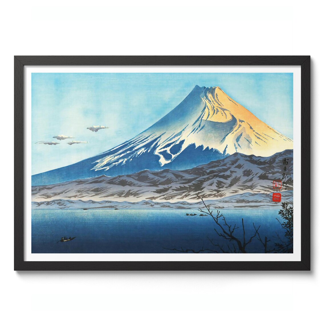 Mount Fuji from West Izu Coast Snowy Woodblock Poster Winter Sea View
