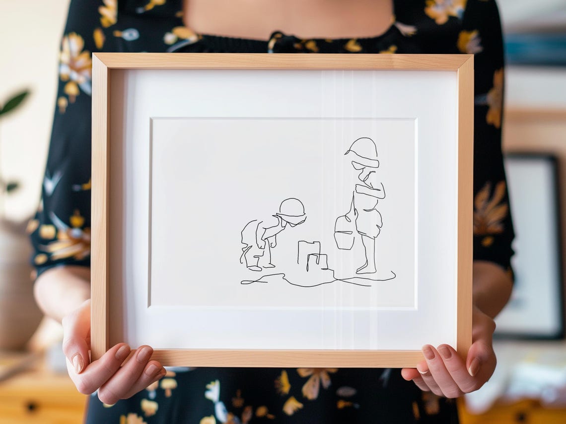 Two Little Children Playing With Buckets Line Art Style Poster