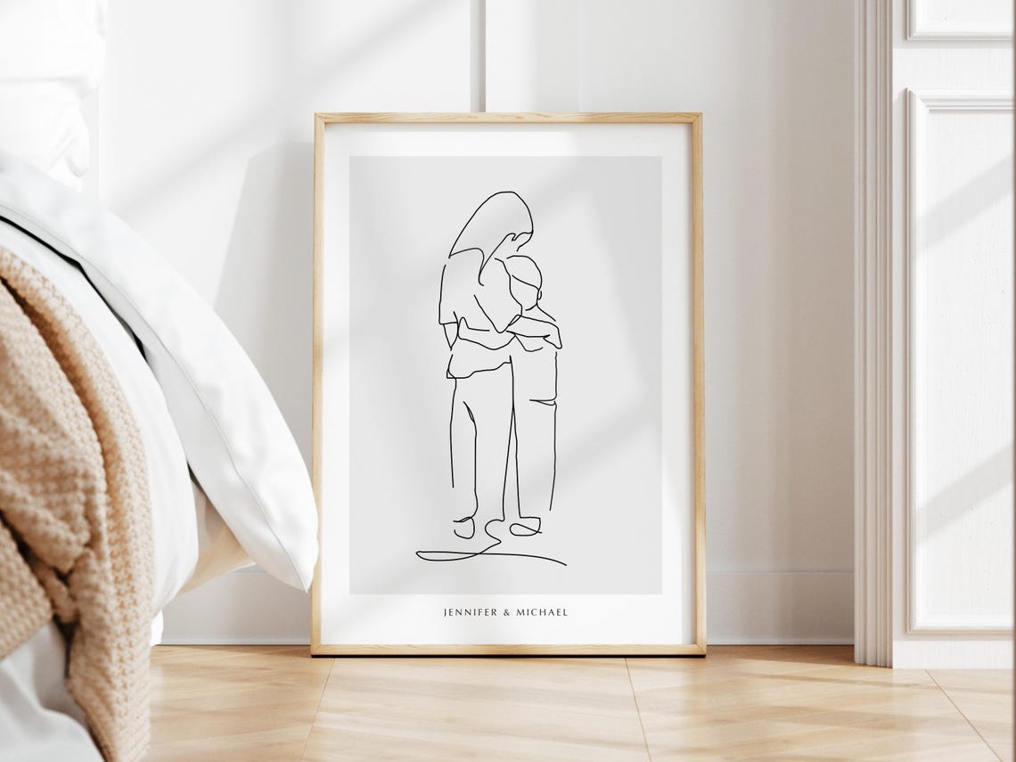 Personalized Couple Embrace Tender Minimalist One Line Art Poster - Image 2