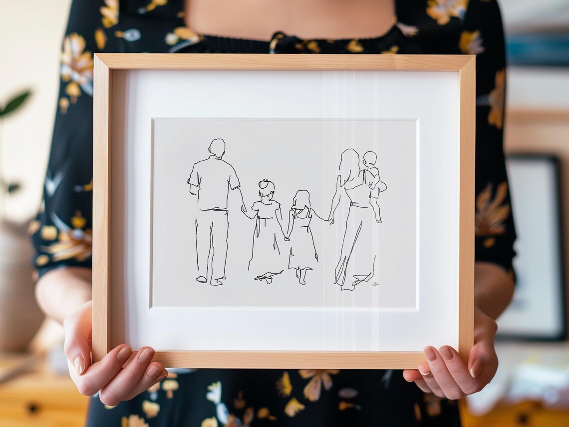 Family of Five Walking Away Together in Line Art Style Poster - Image 2