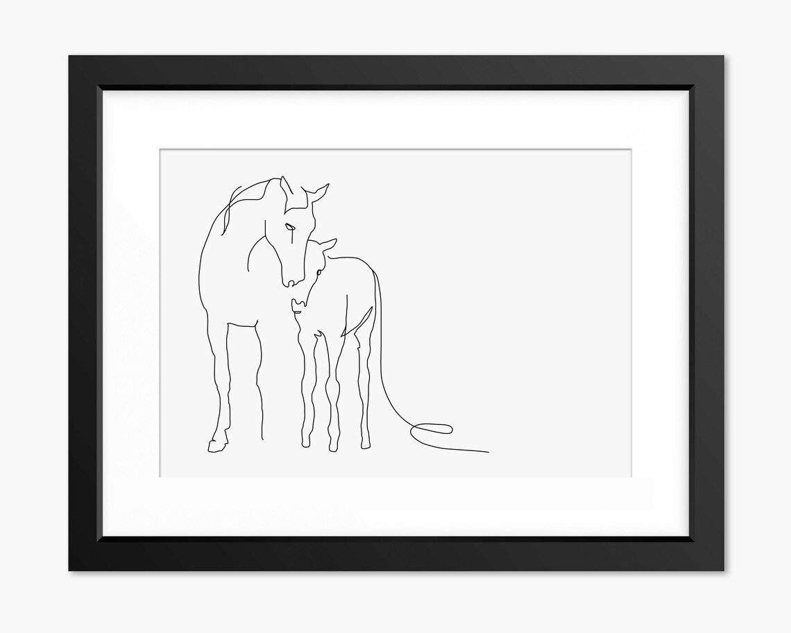 Mare and Foal Nuzzling Together in Elegant Minimalist Line Art Poster