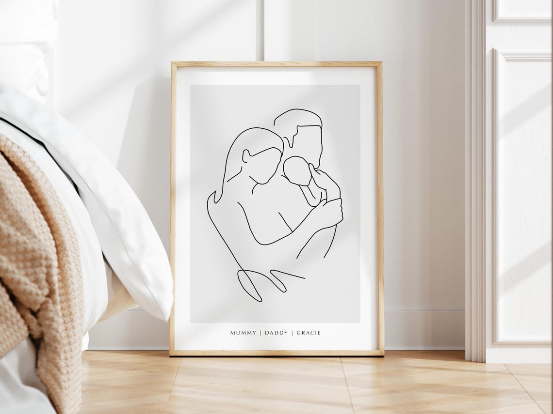 Personalized New Parents Holding Baby Tender One Line Art Poster - Image 2