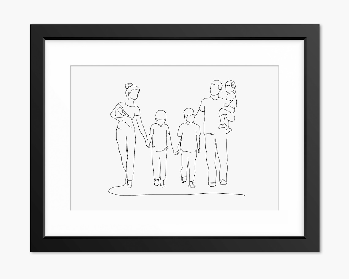 Family of Five Walking Hand in Hand Line Art Poster for Nursery Decor