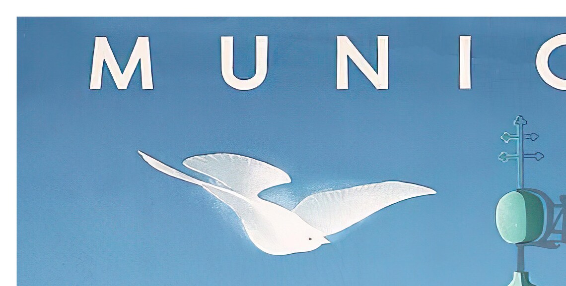 Munich Vintage Travel Poster Blue Church Tower with White Doves - Image 2