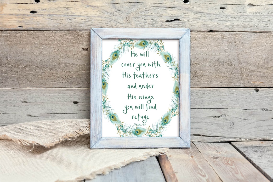 He Will Cover You With His Feathers Psalm 914 Scripture Print Bible Verse Art 5x7 8x10 11x14 16x20 Peacock Feathers Diy Decor - Image 3