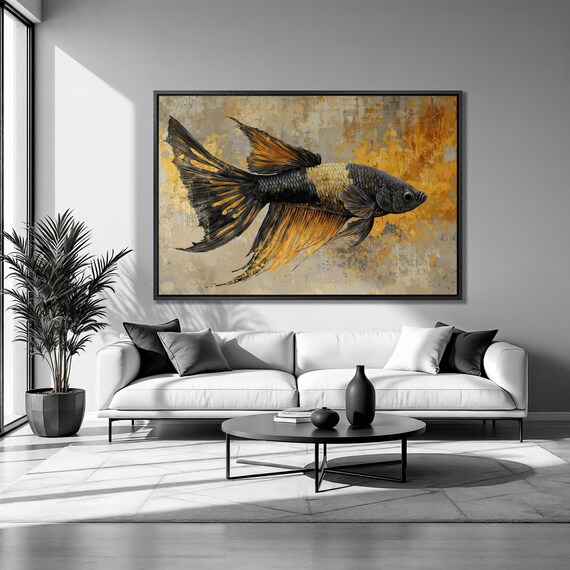 Black And Gold Fish Framed Print Betta Fish Luxury Art Underwater Animal Painting Print Abstract Wall Decor Gift Ready To Hang