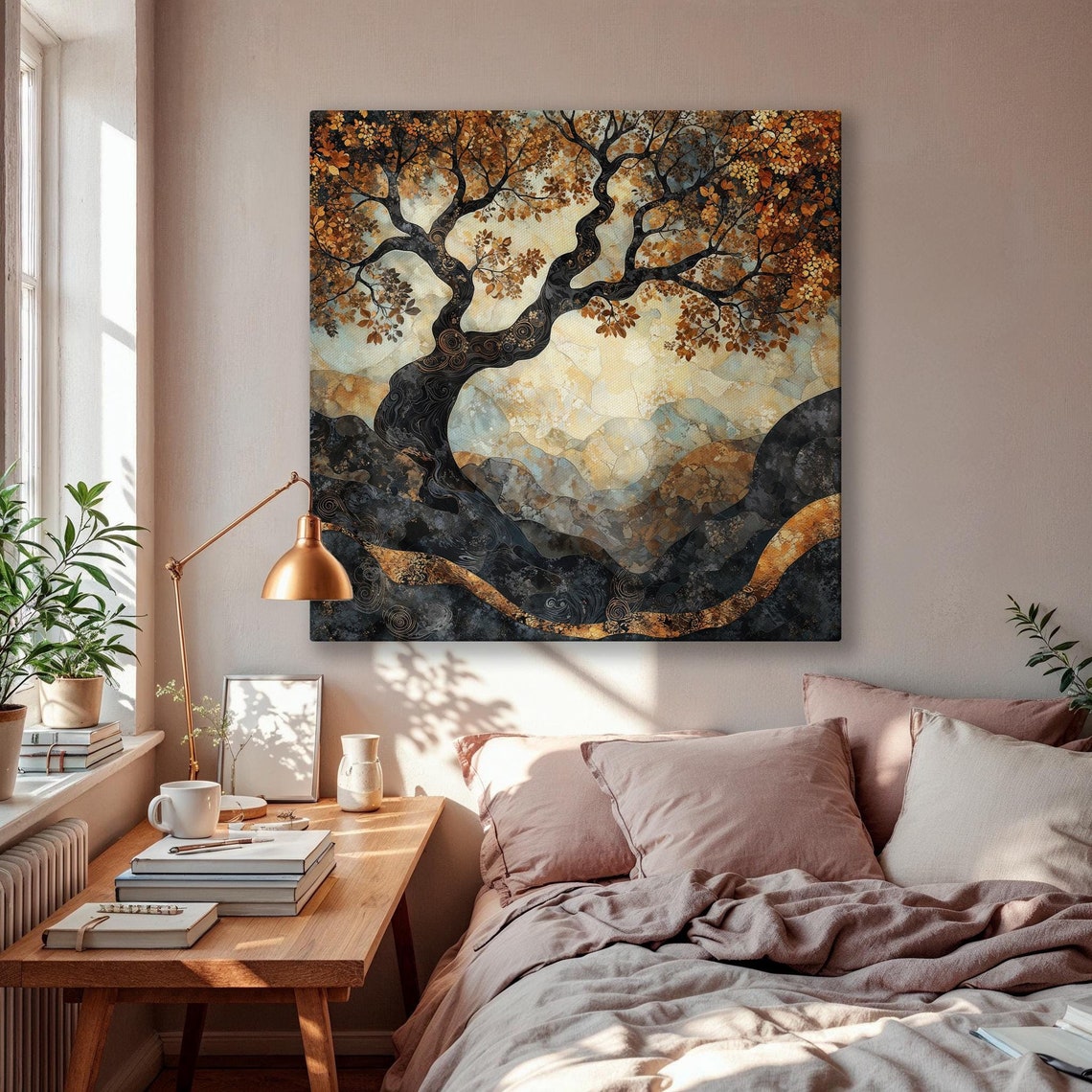 Twisted Autumn Tree Over Mosaic Mountains With Golden Vein Wall Art