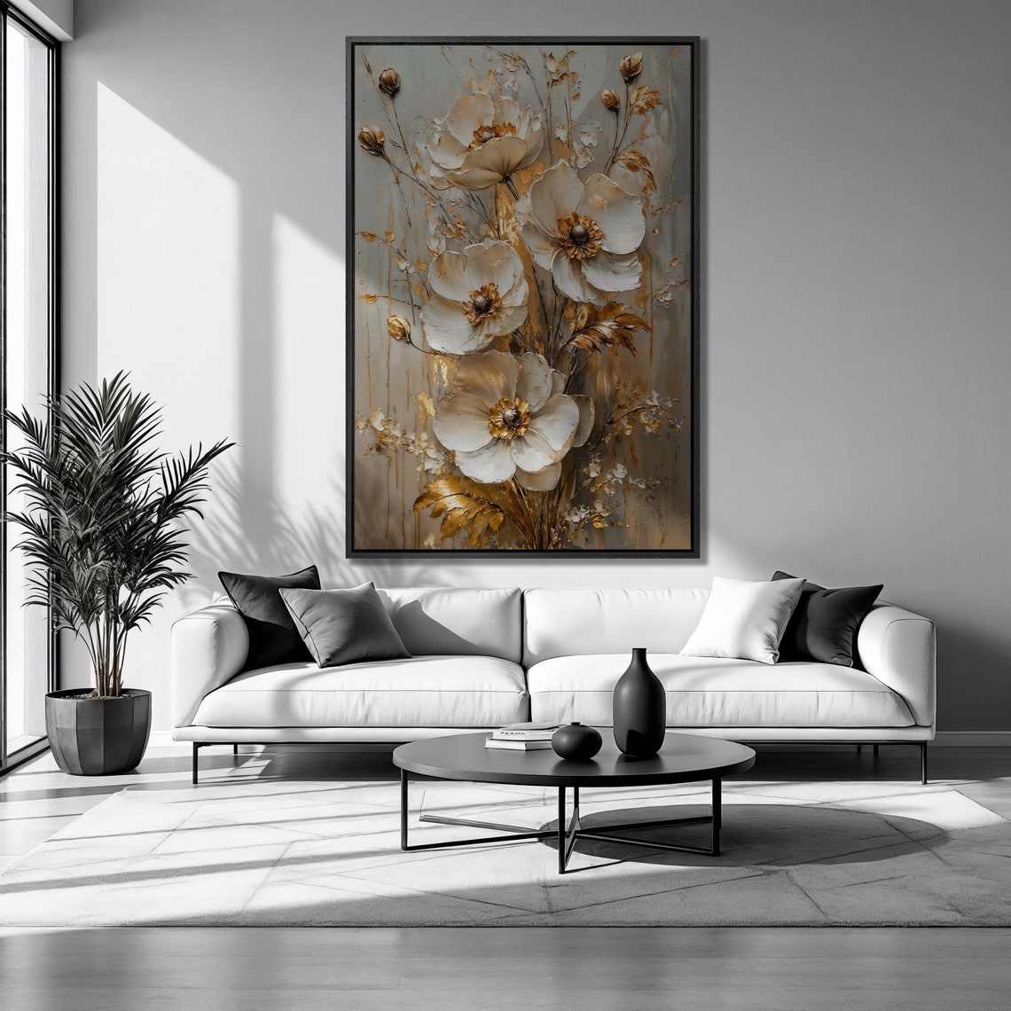 Cream Anemone Wildflowers With Golden Leaves Tall Floral Wall Art