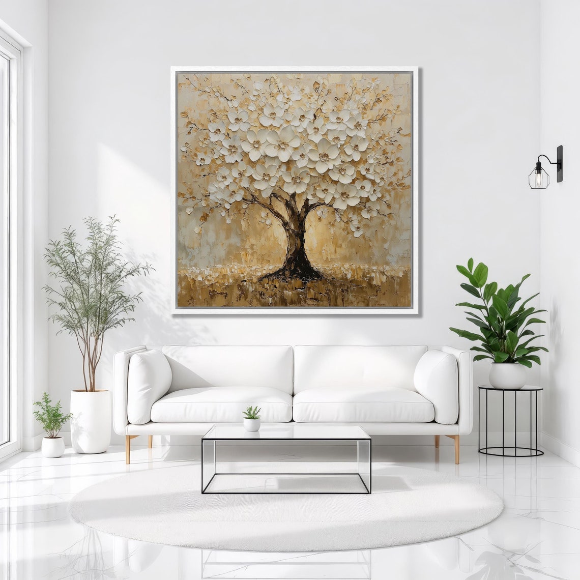 White Flower Tree Gold Impasto Botanical Luxury Floral Art Poster