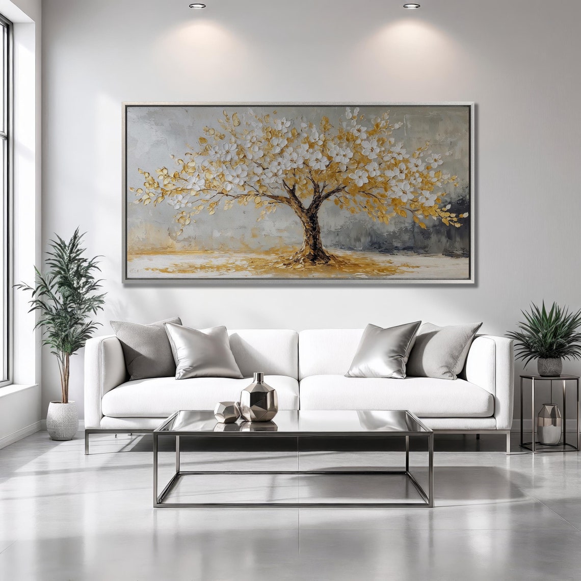 Golden White Blossom Tree Gray Sky Wide Nature Art Luxury Poster
