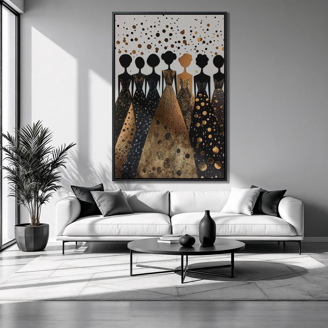 Seven Elegant Ladies Golden Ball Gowns Back Silhouette Fashion Art Poster
