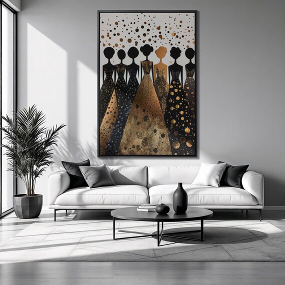 Seven Elegant Ladies Golden Ball Gowns Back Silhouette Fashion Art Poster