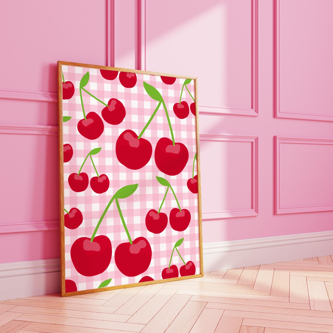 Gingham Cherry Poster, Funky Stripy Fruit Art Print