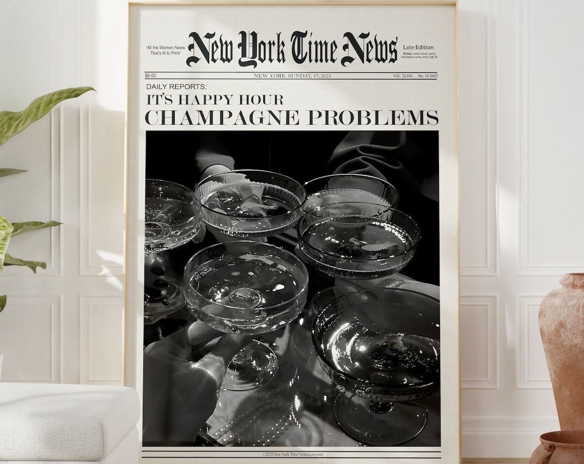 New York Time News Champagne Toast Happy Hour Coupe Glasses Poster