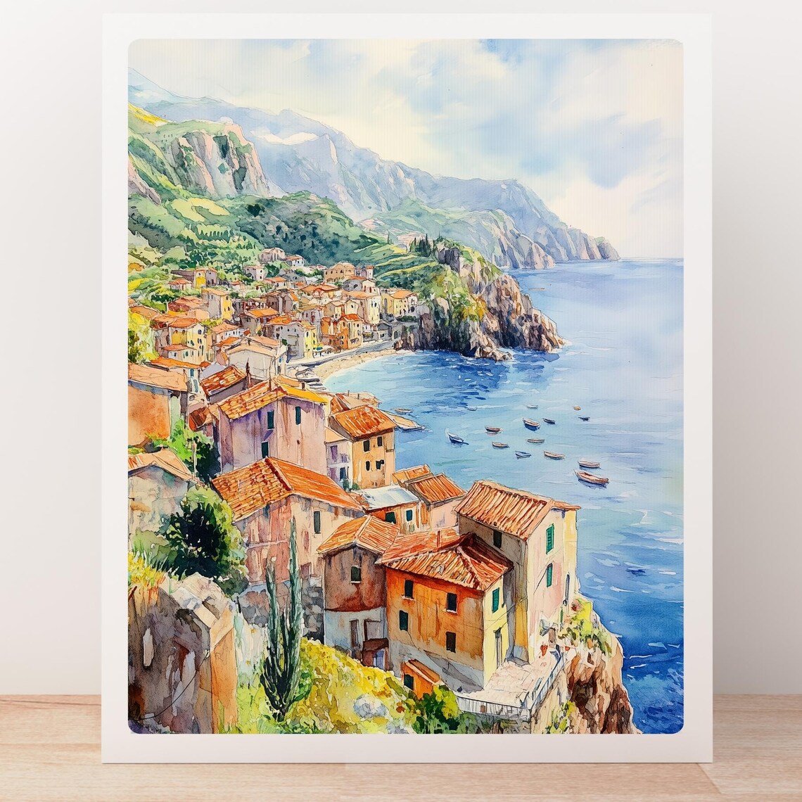 Italian Coastal Fishing Village Cliffside Aerial Watercolor Poster - Image 4