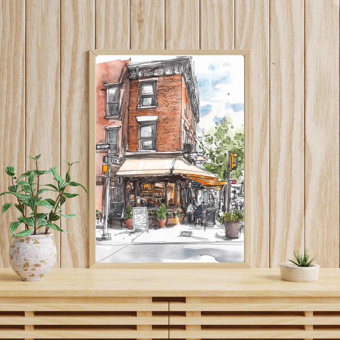 Brick Corner Coffee Shop Bustling Urban Street Sketch Poster - Image 4