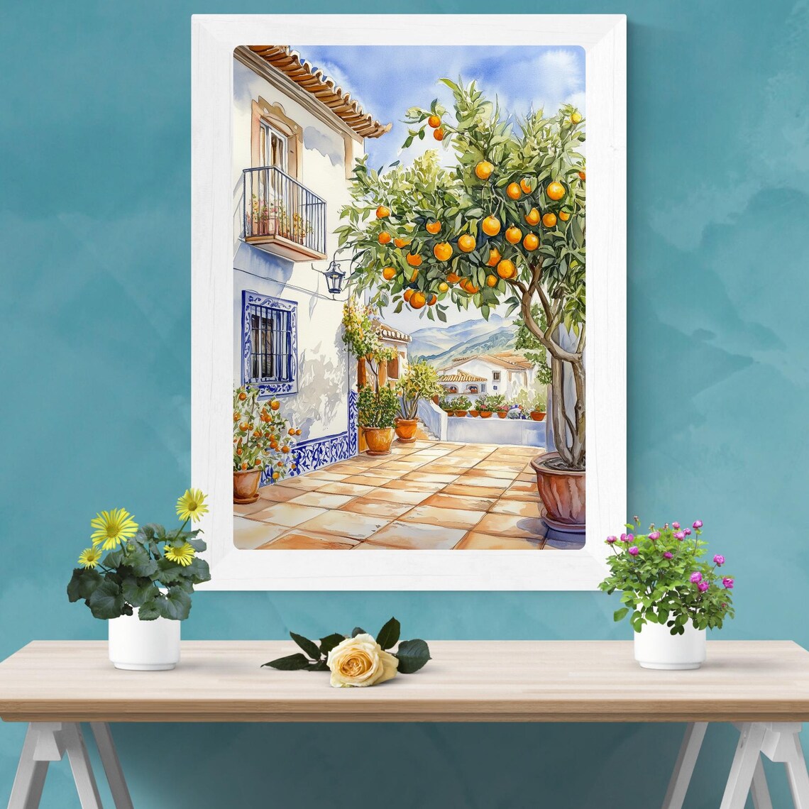 Andalusian Orange Tree Courtyard White House Patio Watercolor Poster - Image 2