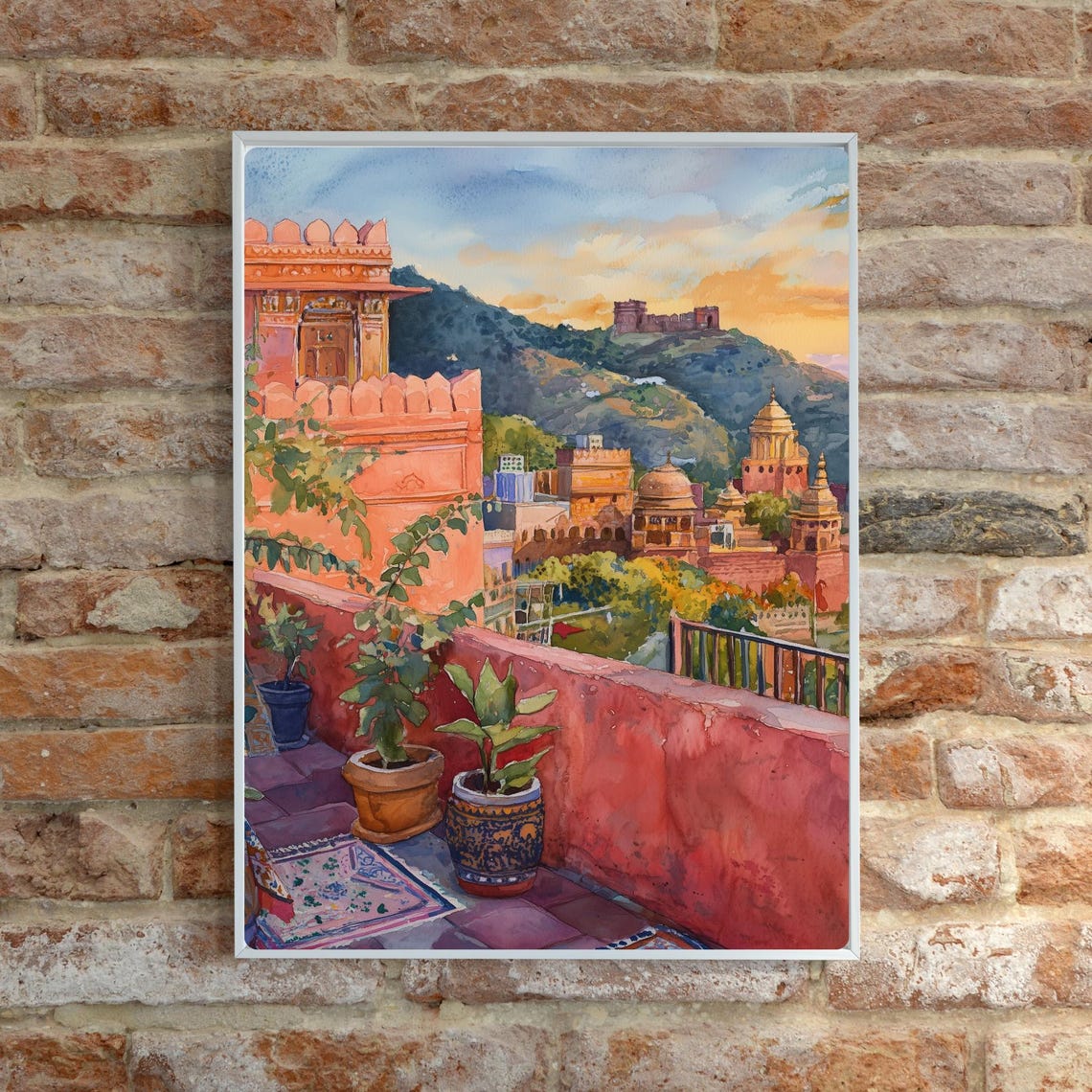 Jaipur Pink City Rooftop Terrace Amber Fort Watercolor Poster - Image 6