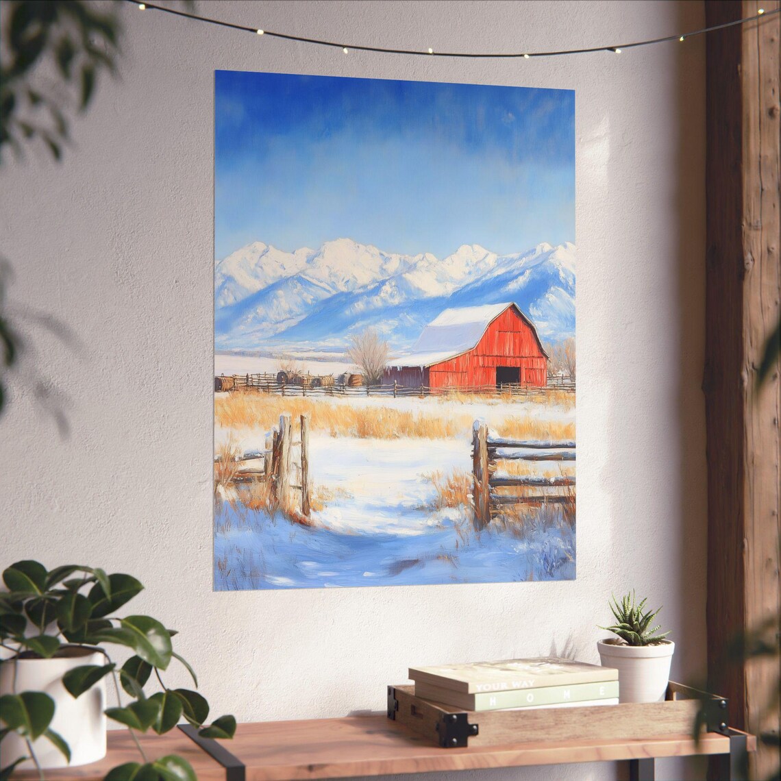 Red Barn in Winter Snow Snowcapped Mountains Wooden Fences Poster - Image 6