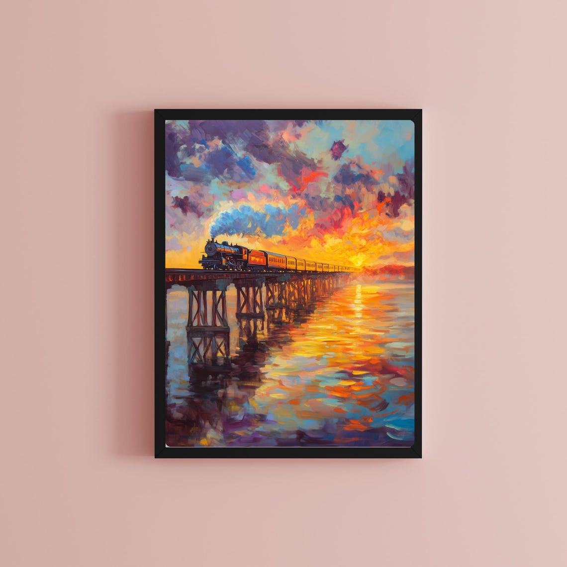 Steam Train Crossing Bridge at Sunset Over Reflecting Water Poster - Image 2