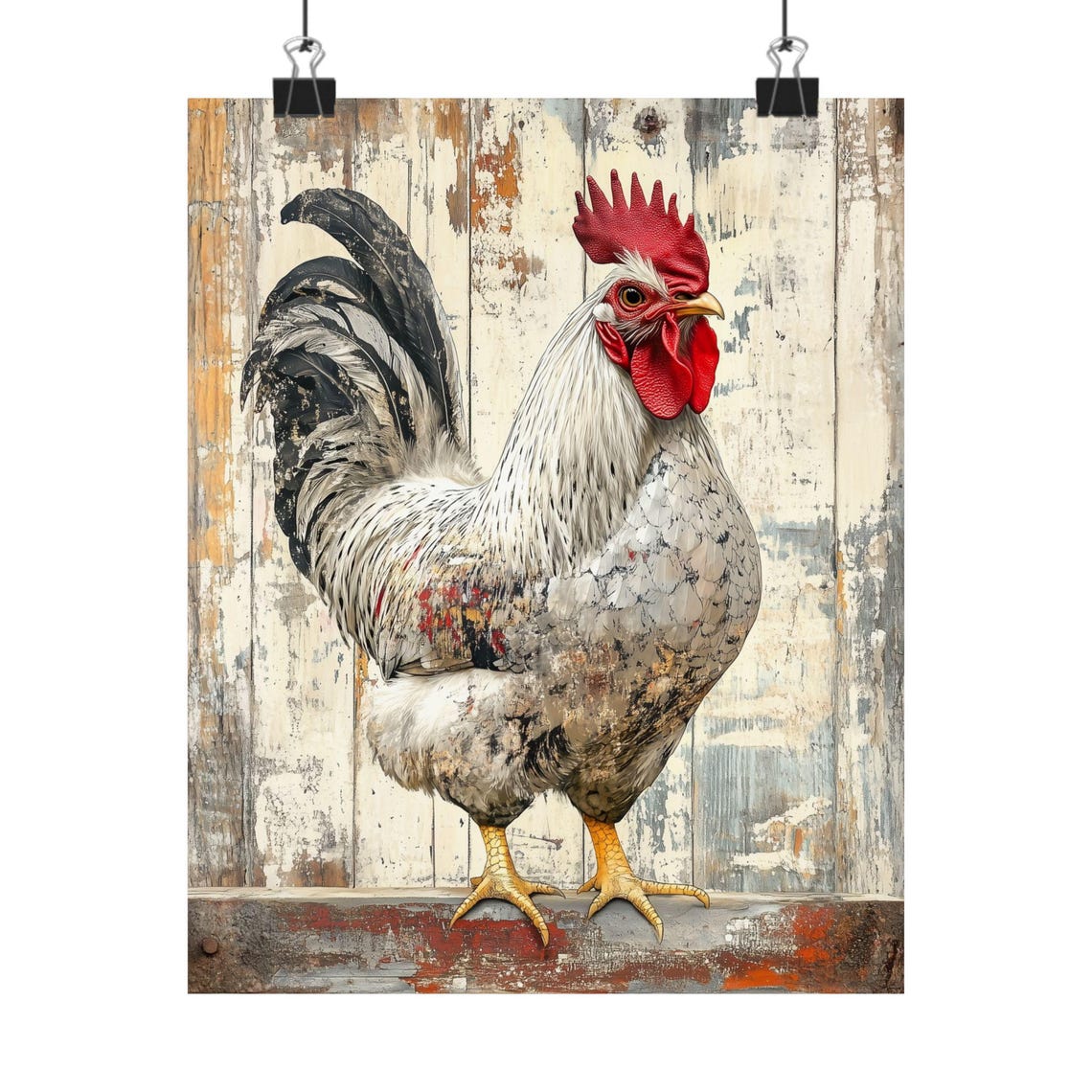 Rustic White Rooster Portrait on Distressed Barn Wood Poster