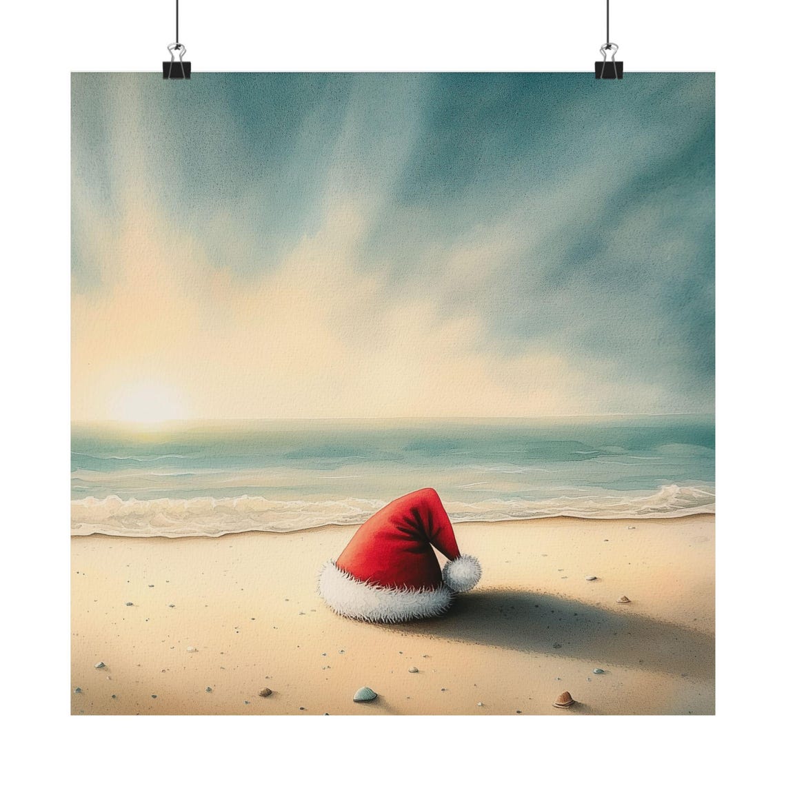 Lone Santa Hat on Sandy Beach at Dusk Watercolor Holiday Poster - Image 6