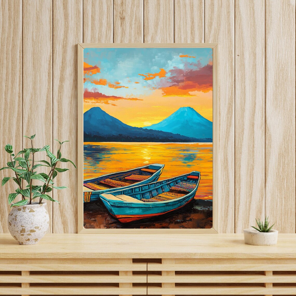 Lake Atitlan Sunset Boats with Volcanoes Guatemala Oil Painting Poster - Image 3