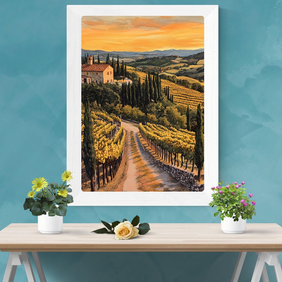 Tuscan Vineyard at Sunset with Cypress Trees and Farmhouse Poster - Image 2
