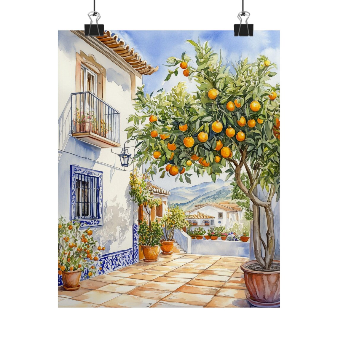 Andalusian Orange Tree Courtyard White House Patio Watercolor Poster