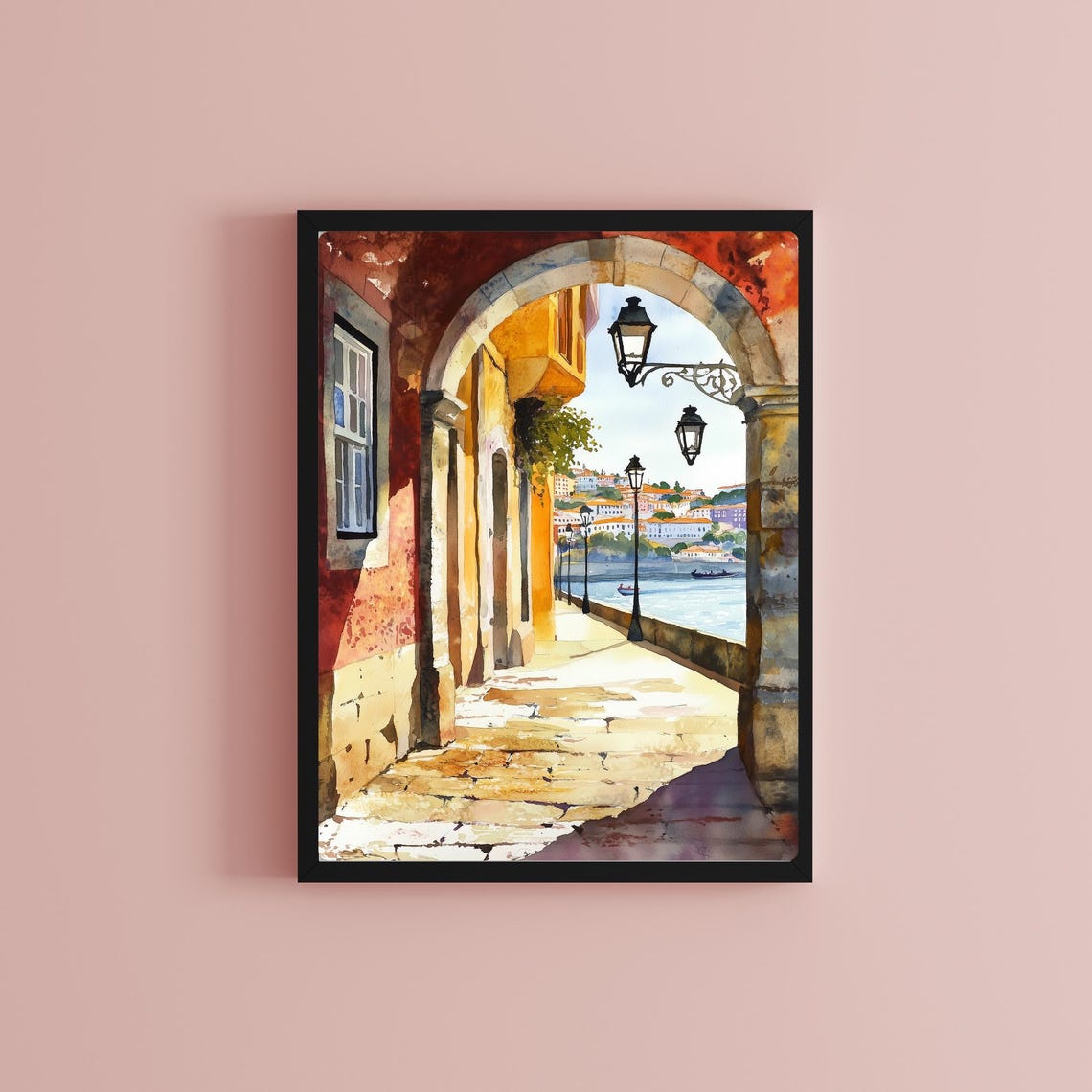 Porto Stone Arch Overlook with Douro River View Watercolor Poster - Image 2