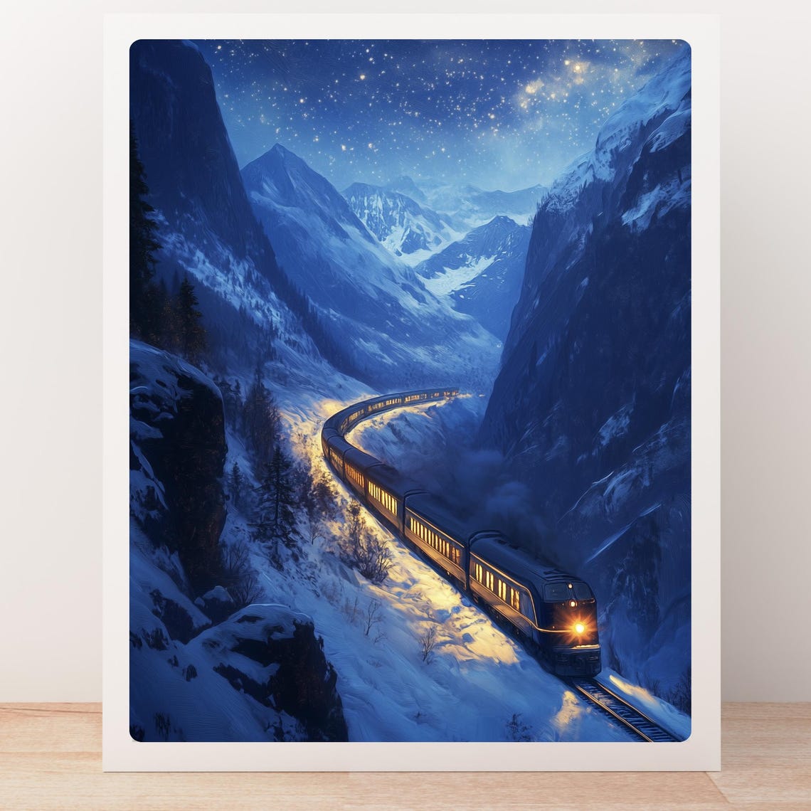 Winter Train Art Mountain Railway Painting Snowy Landscape Print Night Train Scene Wilderness Decor Nighttime Stars - Image 4