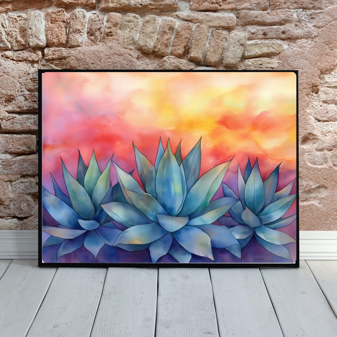 Three Agaves Soft Pink Sunset Watercolor Botanical Desert Poster - Image 2