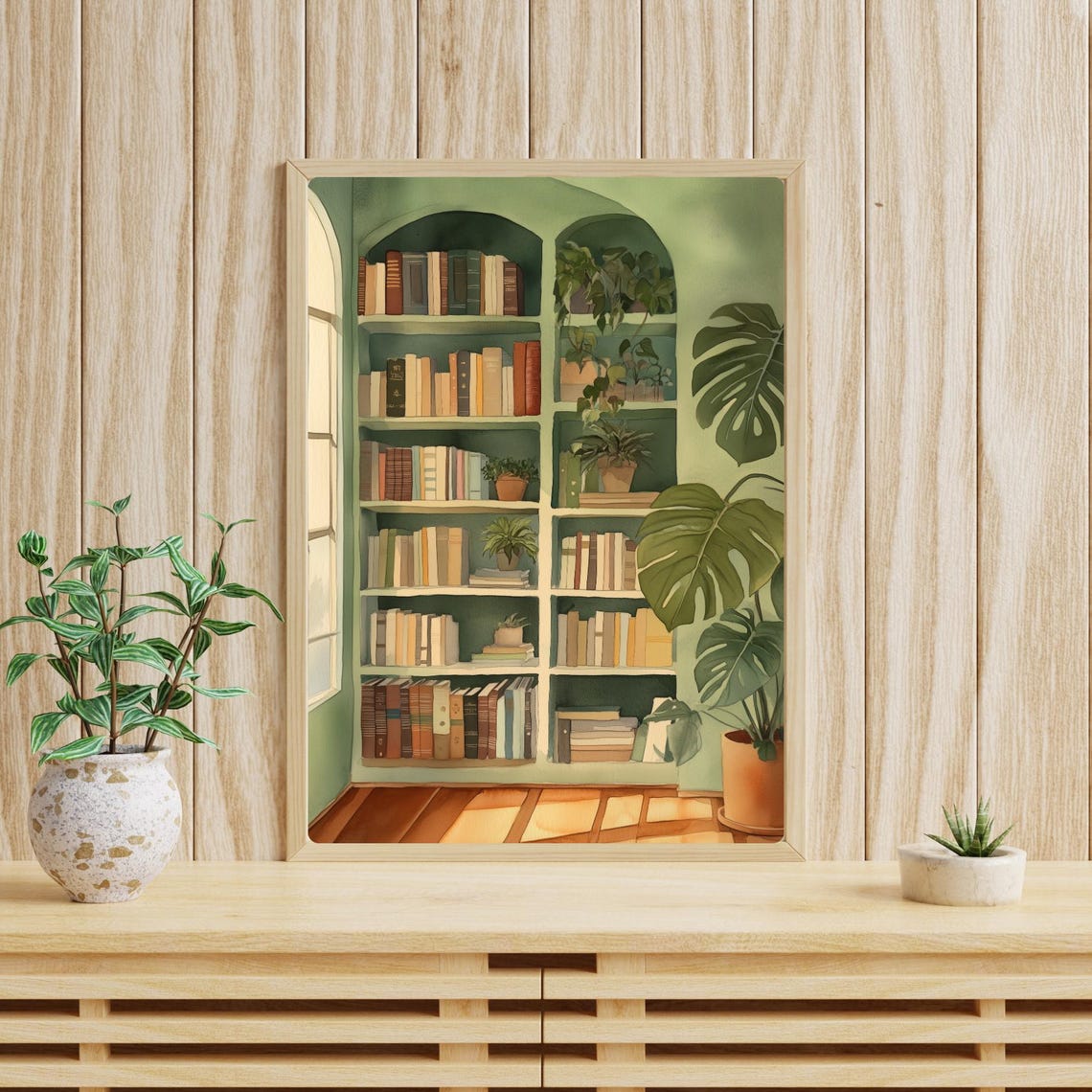 Green Reading Nook Bookcase Library Monstera Plant Watercolor Poster - Image 4